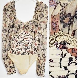 NWT Free people brunch date bodysuit ivory combo floral longsleeve boho fairy